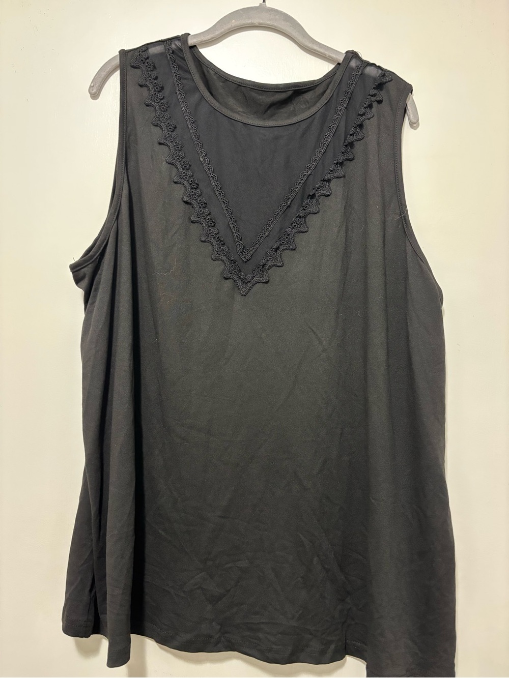 Sleeveless Black Women's Tank with Lace V-Trim